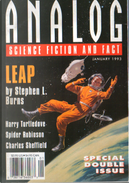 Analog Science Fiction and Fact, January 1993 by Charles Sheffield, Duncan Lunan, Francis Cartier, G. David Nordley, Gordon Dick, Grey Rollins, Harry Turtledove, Kent Patterson, Kevin J. Anderson, L. Sprague de Camp, Spider Robinson, Stephen L. Burns